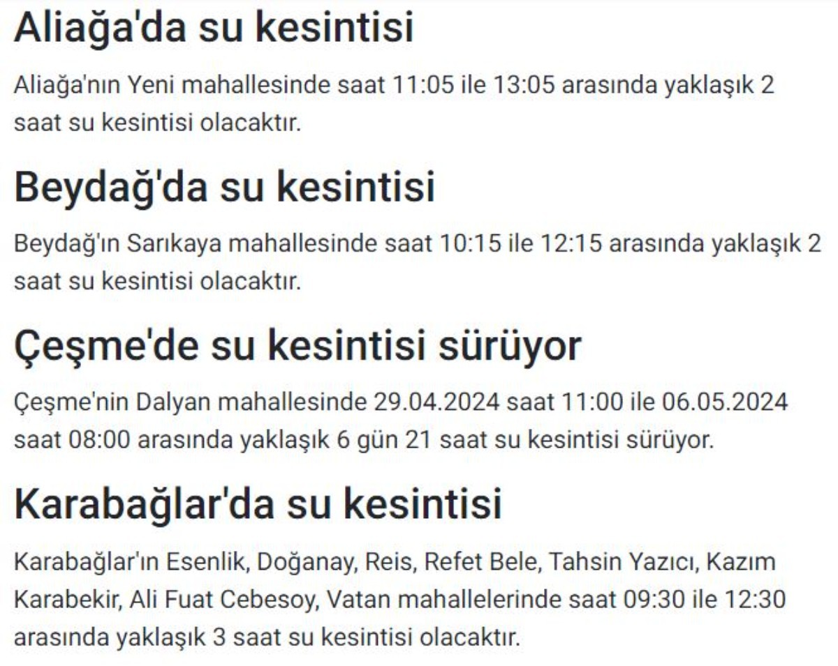 İzmir'in 6 ilçesinde su kesintisi yapılacak