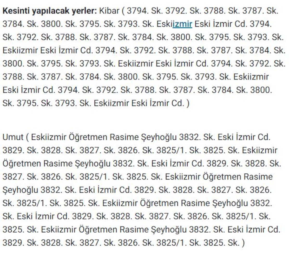 İzmir'de güncel elektrik kesintileri