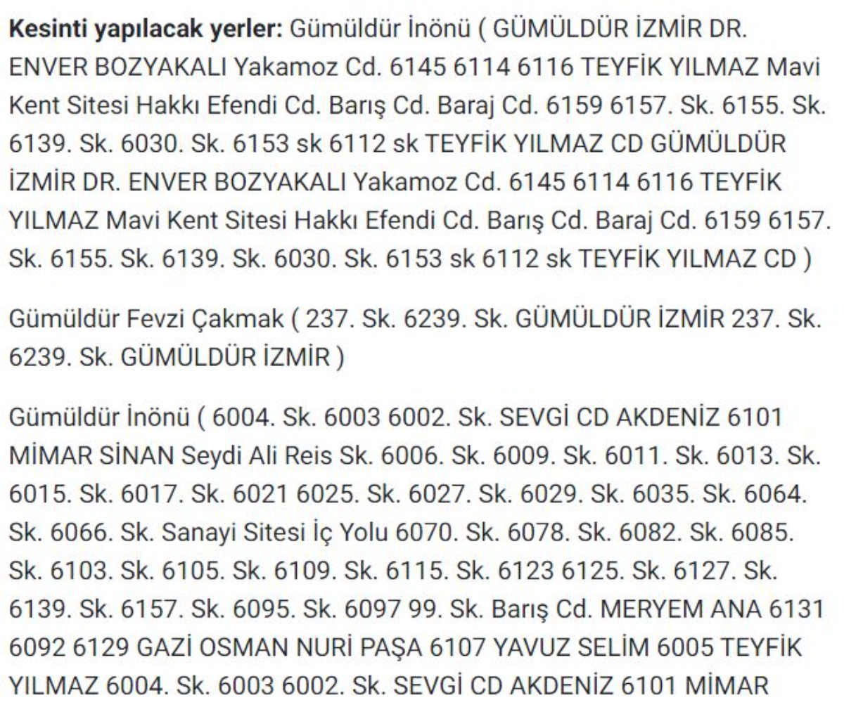 İzmir'de güncel elektrik kesintileri