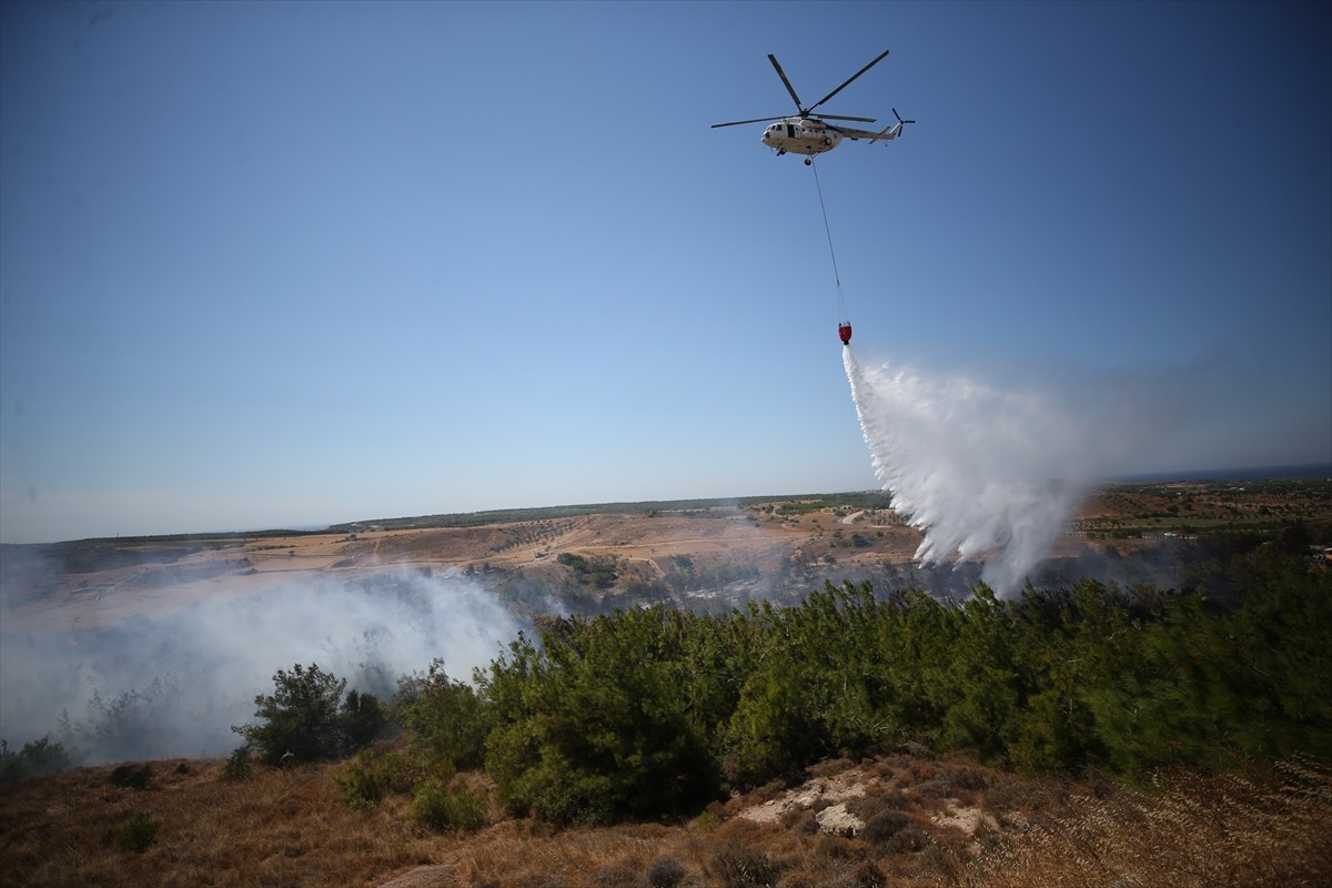 Çanakkale'nin Bozcaada ilçesinde tarım arazisinde çıkan yangın söndürülmeye...